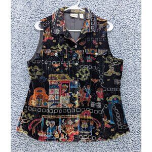 Chicos Velvet Dark Floral Vest Size M/1 Boho Cottage Whimsigoth 90s Silk Black